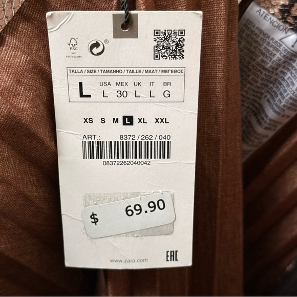 NWT Zara Brown Snake Print Faux Leather Plated Midi Skirt Women’s Large - Picture 5 of 10